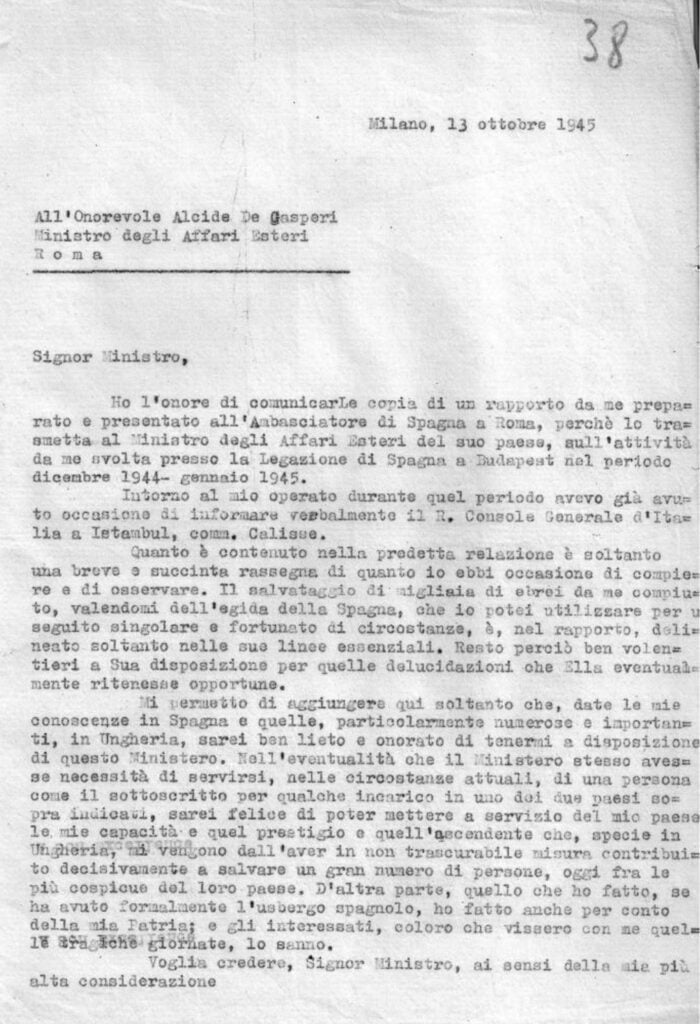 Prima pagina documento dattiloscritto di Giorgio Perlasca indirizzato al Ministro degli Affari Esteri Alcide De Gasperi in cui dettagliò la sua attività a Budeapest, 13 ottobre 1945 – Archivio famiglia Perlasca